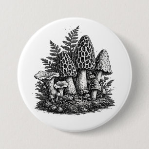 Vintage forest mushrooms linocut 7.5 cm round badge