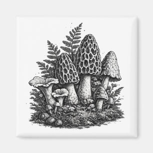 Vintage forest mushrooms linocut magnet