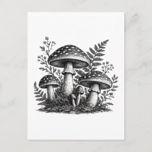 Vintage forest mushrooms linocut postcard