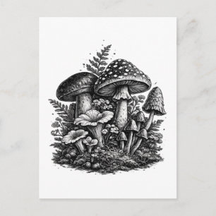 Vintage forest mushrooms linocut postcard