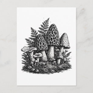 Vintage forest mushrooms linocut postcard