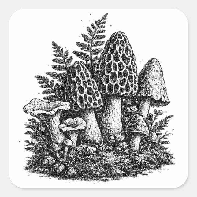 Vintage forest mushrooms linocut square sticker (Front)