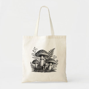 Vintage forest mushrooms linocut tote bag