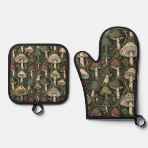  Vintage Forest Mushrooms Moody Cottagecore  Oven Mitt & Pot Holder Set