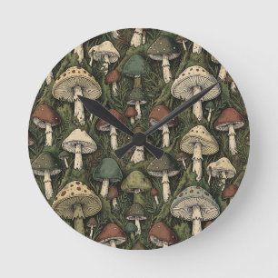  Vintage Forest Mushrooms Moody Cottagecore  Round Clock