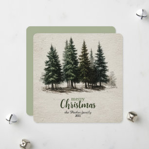 Vintage Forest Pine Tree Botanical Merry Christmas Holiday Card