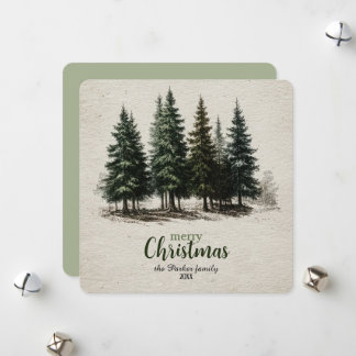 Vintage Forest Pine Tree Botanical Merry Christmas Holiday Card