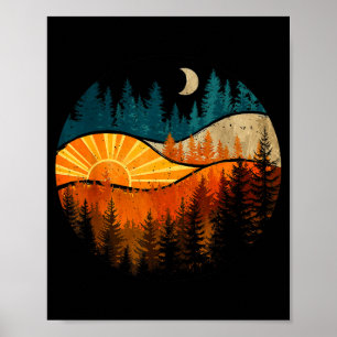 Vintage forest trees sunset moon outdoor nature poster
