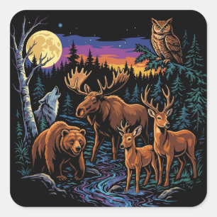 Vintage Forest Wildlife Animals Moose Bear Wolf De Square Sticker