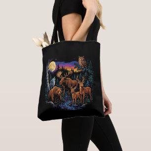 Vintage Forest Wildlife Animals Moose Bear Wolf De Tote Bag
