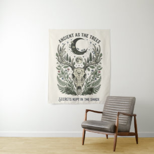 Vintage Forestcore Deer Skull Botanical Ferns  Tapestry