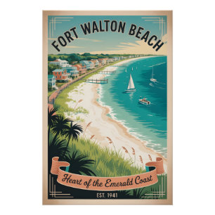 Vintage Fort Walton Beach Florida Retro Travel Poster