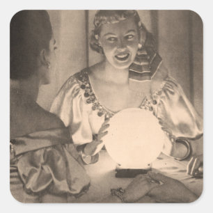 Vintage Fortune Teller with Crystal Ball Sepia Square Sticker