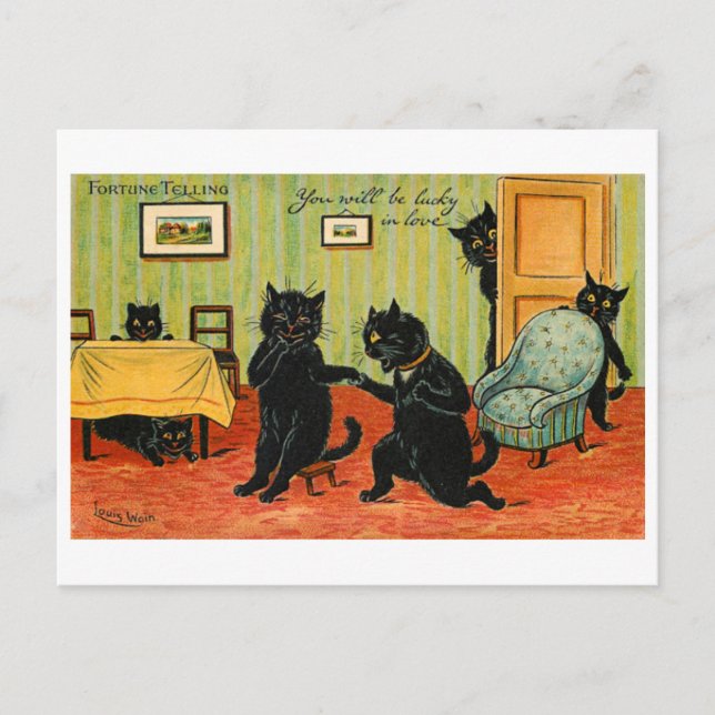 Vintage Fortune Telling Black Cats Lucky in Love Postcard (Front)