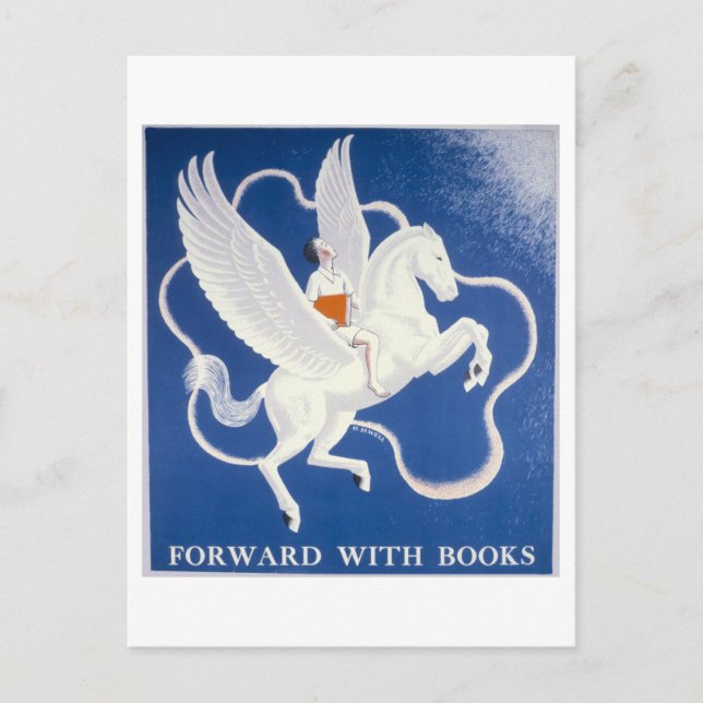 Vintage "Forward With Books" Library Poster Postcard (Front)
