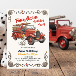 Vintage Four Alarm Firetruck 4th Birthday Invitation