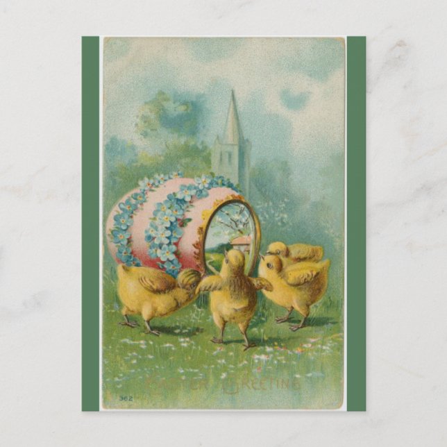 Vintage Four Chicks Egg and Church Easter Postcard (Front)