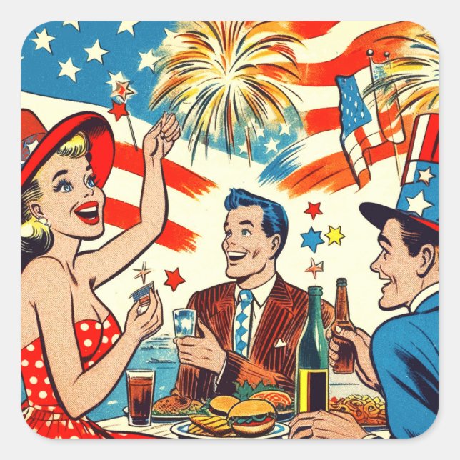 Vintage Fourth of July Comics Square Sticker (Front)