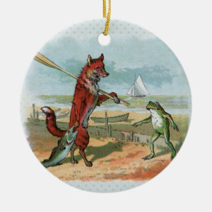 Vintage Fox and Frog Beach Whimsical Illustration Ceramic Tree Decoration