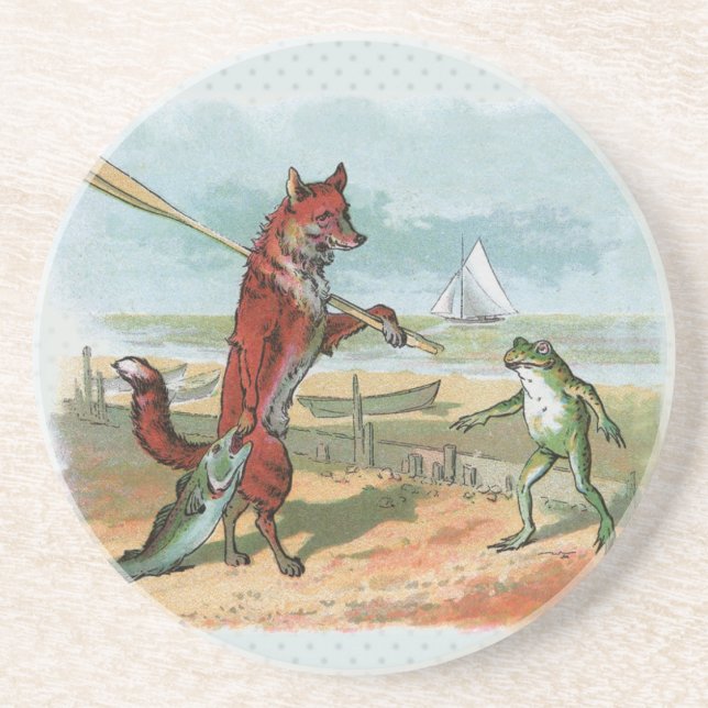 Vintage Fox and Frog Beach Whimsical Illustration Coaster (Front)