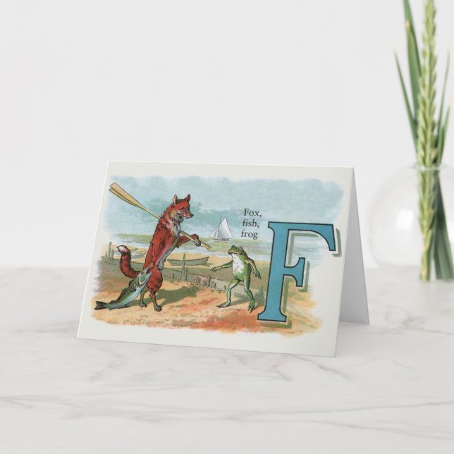 Vintage Fox and Frog Beach Whimsical Illustration Note Card (Front)