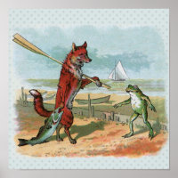 Vintage Fox and Frog Beach Whimsical Illustration