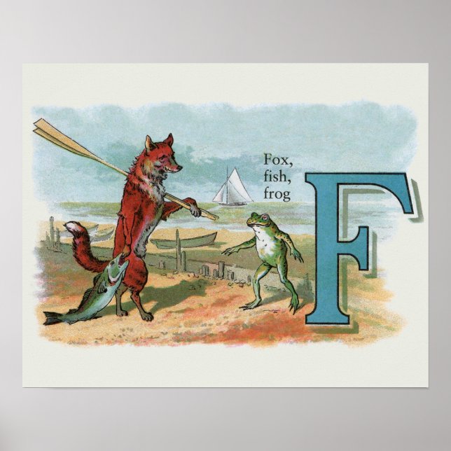 Vintage Fox and Frog Beach Whimsical Illustration Poster (Front)