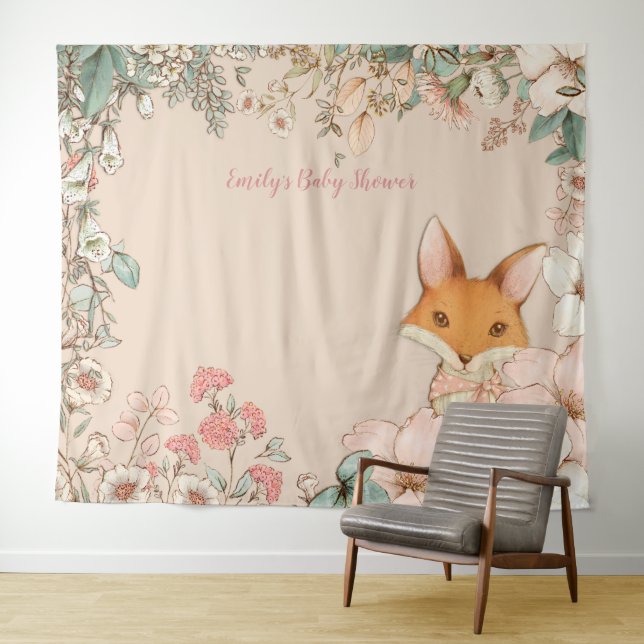 Vintage Fox Baby Shower Backdrop landscape Peach Tapestry (In Situ (Horizontal))