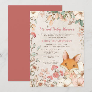 Vintage Fox Floral Cream White Virtual Baby Shower Invitation