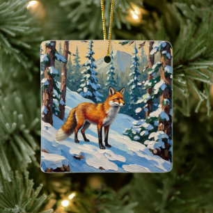 Vintage Fox in the Snowy Woods Christmas Painting Ceramic Ornament