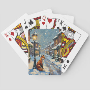 Vintage Fox Under Gas Lamp in Snowy Christmas Playing Cards