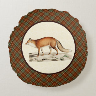 Vintage Fox with Rustic Autumn Plaid Round Cushion