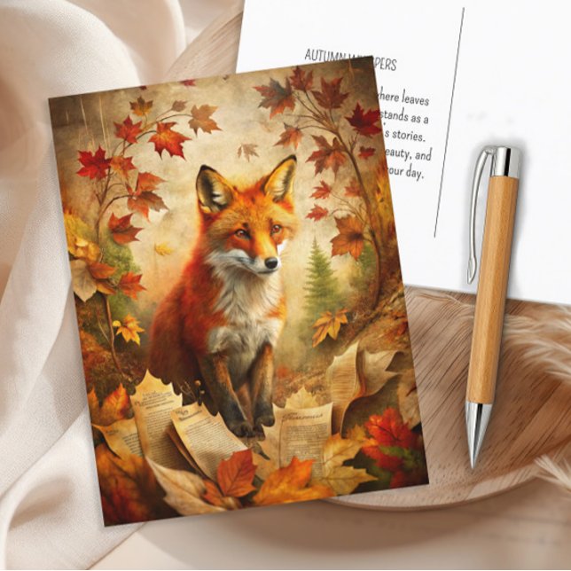Vintage Fox Woodland Autumn Leaves Nature Postcard (Fox and rustic autumn leaves postcard)
