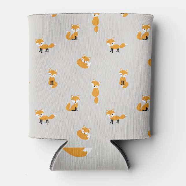 Vintage foxes, grey background pattern. can cooler (Front)