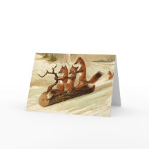 Vintage Foxes Sledding Christmas Card