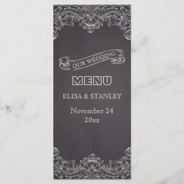 Vintage frame and chalkboard wedding menu card (Front)