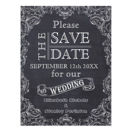 Vintage frame and chalkboard wedding Save the Date Postcard
