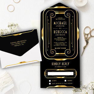 Vintage Frame Black and Gold Foil Art Deco Wedding All In One Invitation