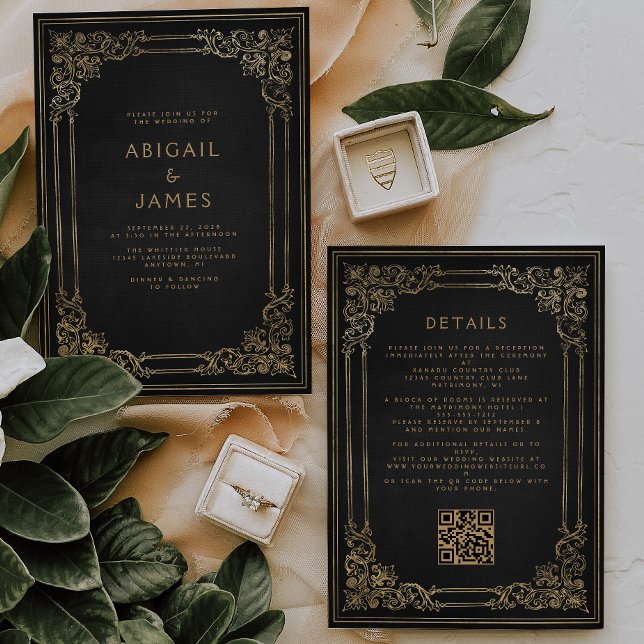 Vintage Frame Black Gold QR Code Wedding Invitation (Creator Uploaded)