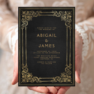 Vintage Frame Black Gold Wedding Invitation