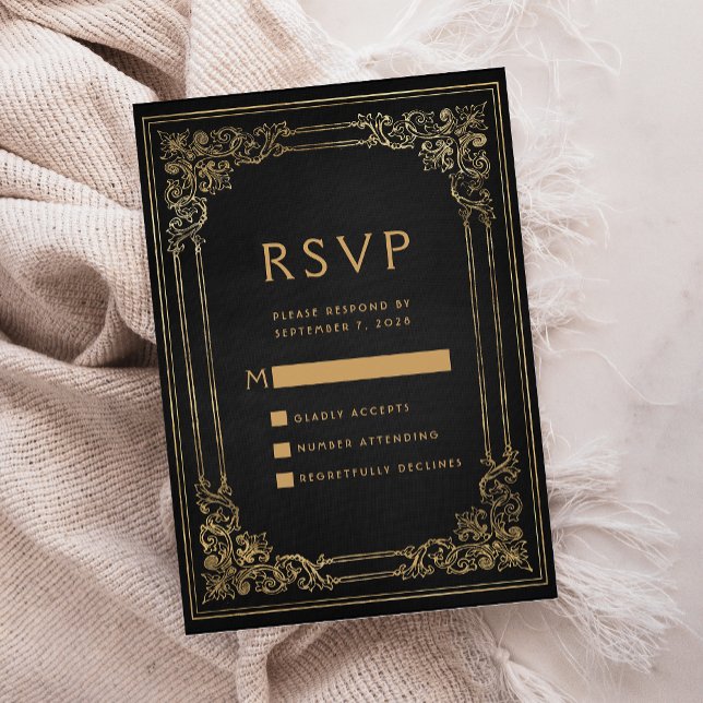 Vintage Frame Black Gold Wedding RSVP Enclosure Card (Creator Uploaded)