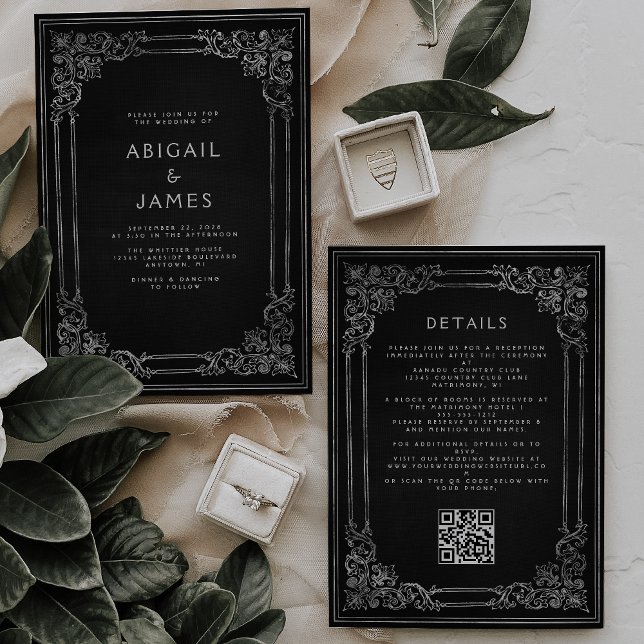 Vintage Frame Black Silver QR Code Wedding Invitation (Creator Uploaded)