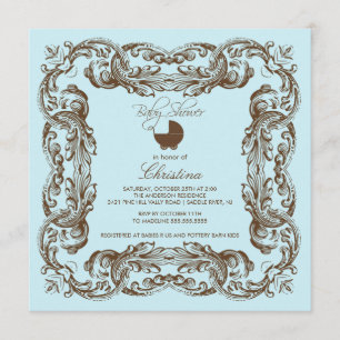 Vintage Frame Brown Blue Baby Shower Invitation