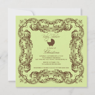 Vintage Frame Brown Green Baby Shower Invitation