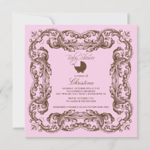 Vintage Frame Brown Pink Baby Shower Invitation