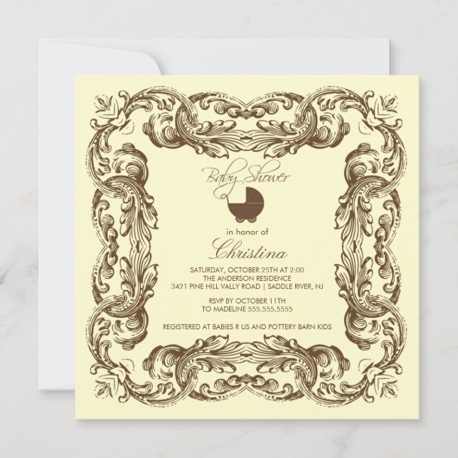 Vintage Frame Brown Yellow Baby Shower Invitation (Front)
