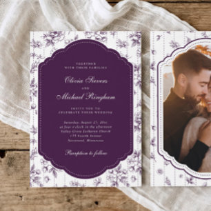 Vintage Frame Dark Purple Toile Photo Wedding Invitation