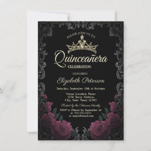 Vintage Frame Dark Red Roses Gothic Quinceañera Invitation
