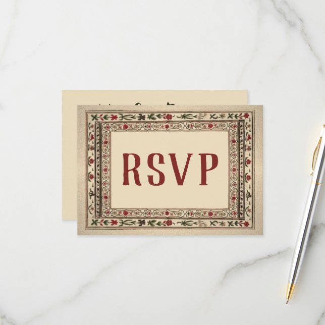 Vintage Frame Ethnic Motif Wedding RSVP Card (Front/Back In Situ)