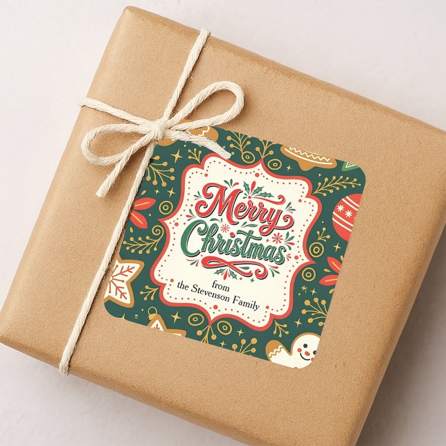 Vintage Frame Gingerbread Cookies Merry Christmas Square Sticker (Creator Uploaded)